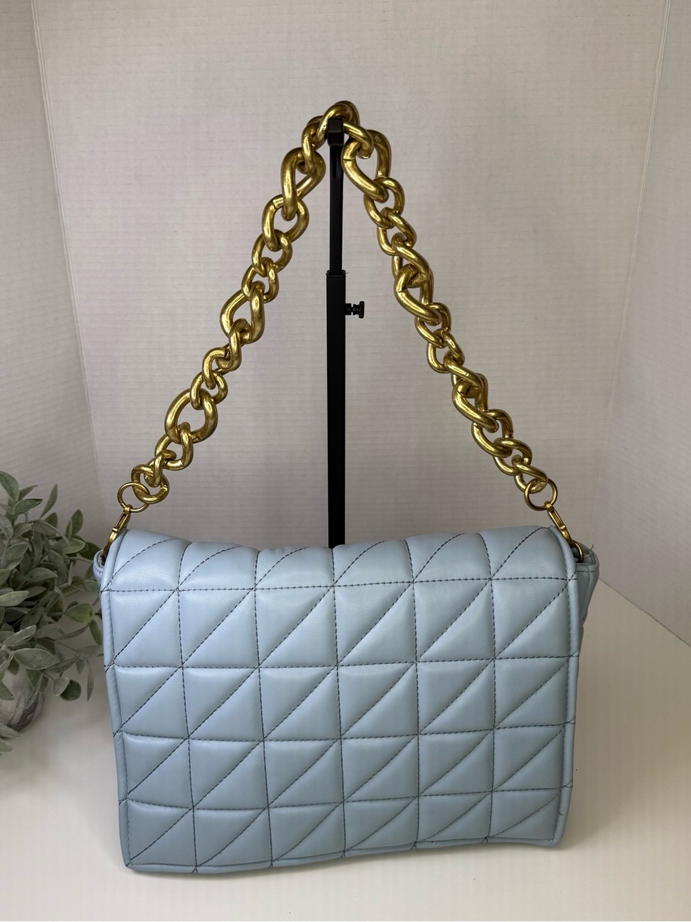 Zara Baby Blue & Gold Quilted Shoulder Bag Gold Chain Accent Strap - Picture 2 of 16